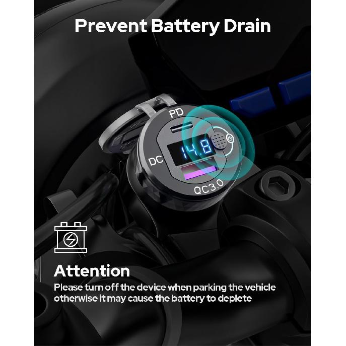 Motorcycle USB Charger 18W QC3.0 30W PD3.0 DIN Adapter | Waterproof Phone Charger with On-Off Switch & Voltmeter for 12V/24V BMW Ducati