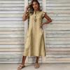 Women V Neck Dress with Petal Sleeves Three Button Front Design and Side Pockets Casual Loose Fit Midi Dress for Everyday Wear