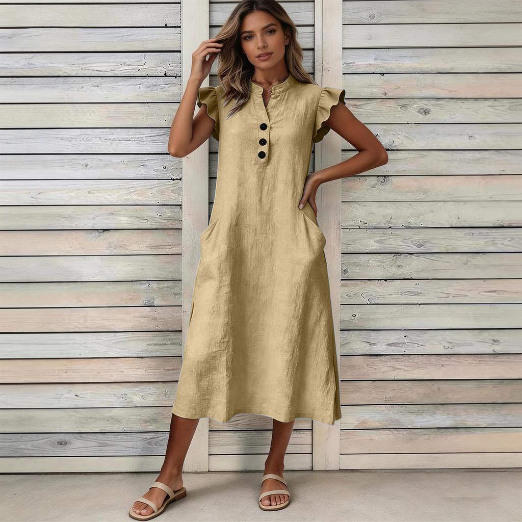 Women V Neck Dress with Petal Sleeves Three Button Front Design and Side Pockets Casual Loose Fit Midi Dress for Everyday Wear