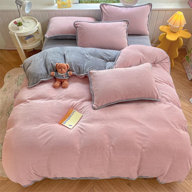 Crem dublu culoare solidă, catifea de lapte, cu tivită mare, cearșaf de pat din patru piese, husă de pilota set de trei piese lenjerie de pat husă de pilota