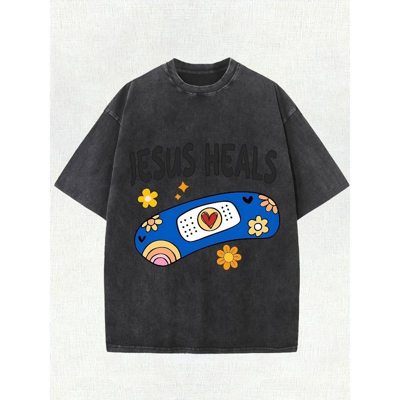 

European sizes Men s T-Shirt Vintage Stone Washed Relaxed Fit Soft Breathable Summer Bandage Heart Floral Print Faith Streetwear Fashion Casual Tee 5XL чорний