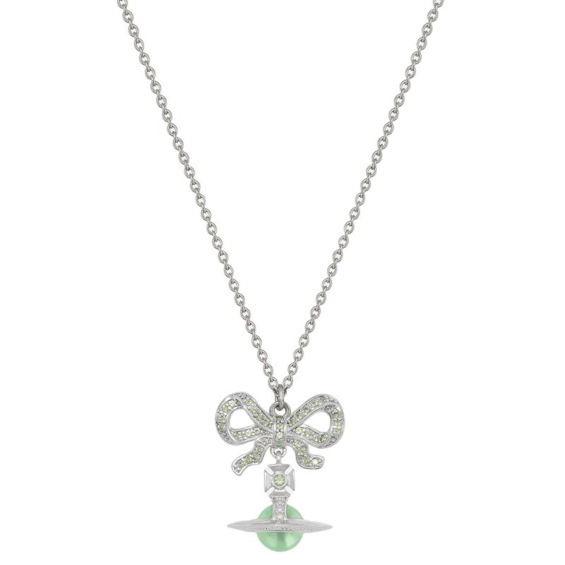 Vivienne Westwood Octavie Bow Light Grass Green Ball Saturn Pendant Necklace Women necklace Silver Light-Green 6302039G-01P726 Basic Packaging-Dust Bag+Box