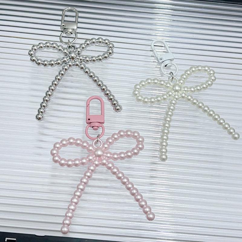 1PC Korean-Style Minimalist Phone Case Versatile Faux Pearl Dainty Keychain Trendy Bow Chic Charm Elegant 10x6cm
