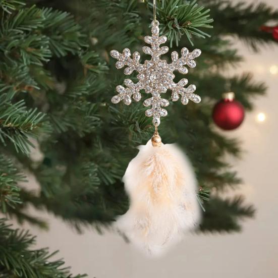 Yousheng Christmas Tree Ornament Snowflake Plush Pendant Hanging Xmas Pendant with Feather Elements Sequins Bells Winter New Year Party Decor