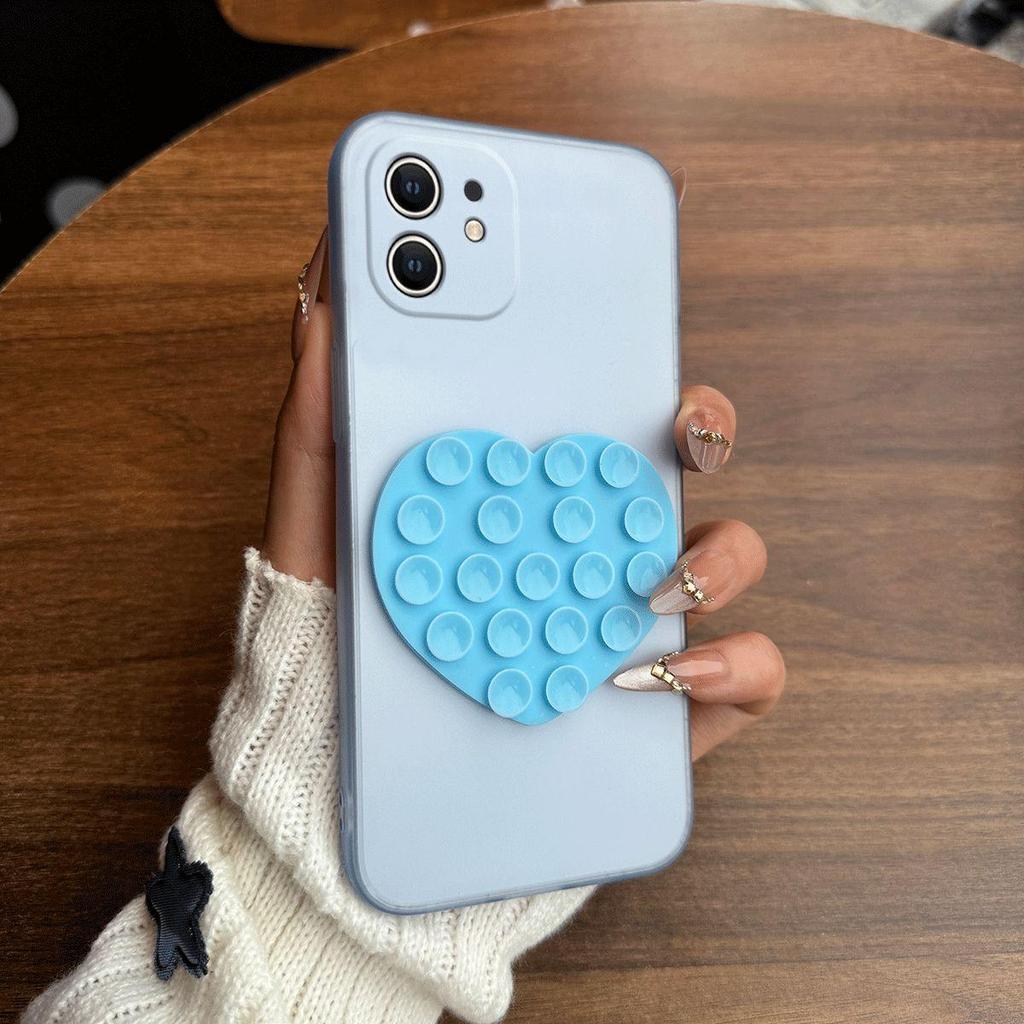 Heart Shape Suction Cup Phone Case for iPhone 12,11 Semi Transparent Matte Shockproof Soft TPU Cover
