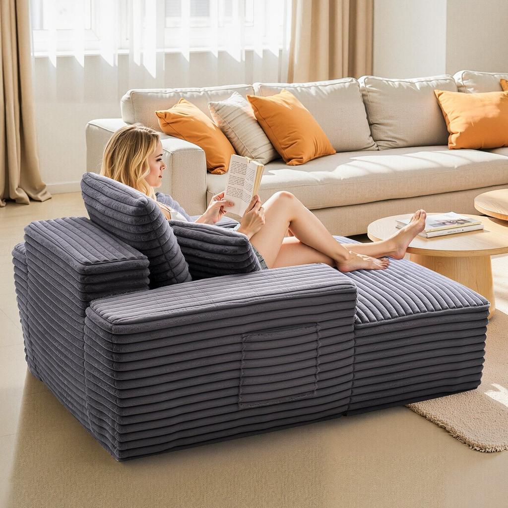 Chaise Lounge Chair, 1240 mm Boneless Chaise Lounge Indoor, Modern Upholstered Oversized Reading Chair with Pillows & Armrests, Sofa Couch Deep Seat