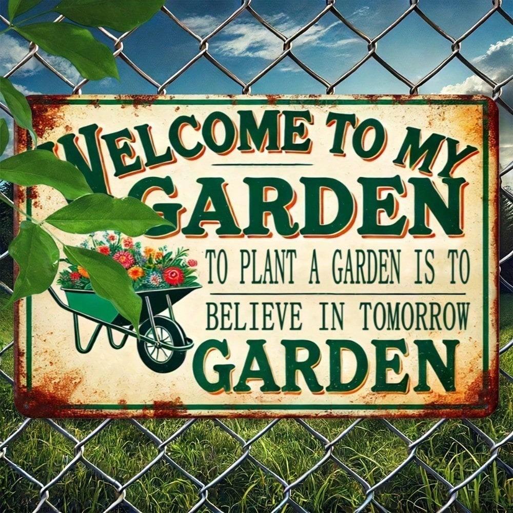 Vintage Metal Welcome To My Garden Sign 2D Flat Wall Art Rustic Farmhouse Decor Tinplate Outdoor Indoor Home Decoration