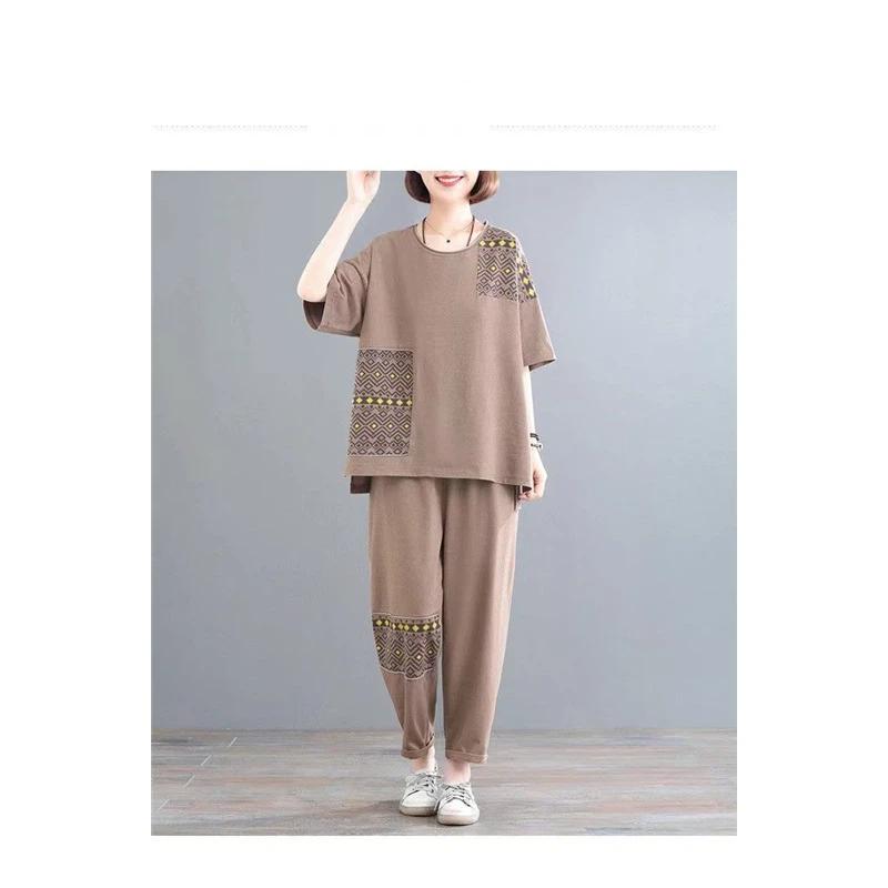 Women Summer 2 Piece Outfit Plus Size Cotton Linen Patchwork Printed Short Sleeve Top & Harem Pants Set Casual Loose Mother Clothes
