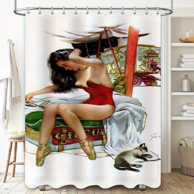 Vintage Art Shower Curtain With Elegant Woman And Cat Print Decorative Bathroom Liner For Home Decoration Size: 180 X 240 Cm (La