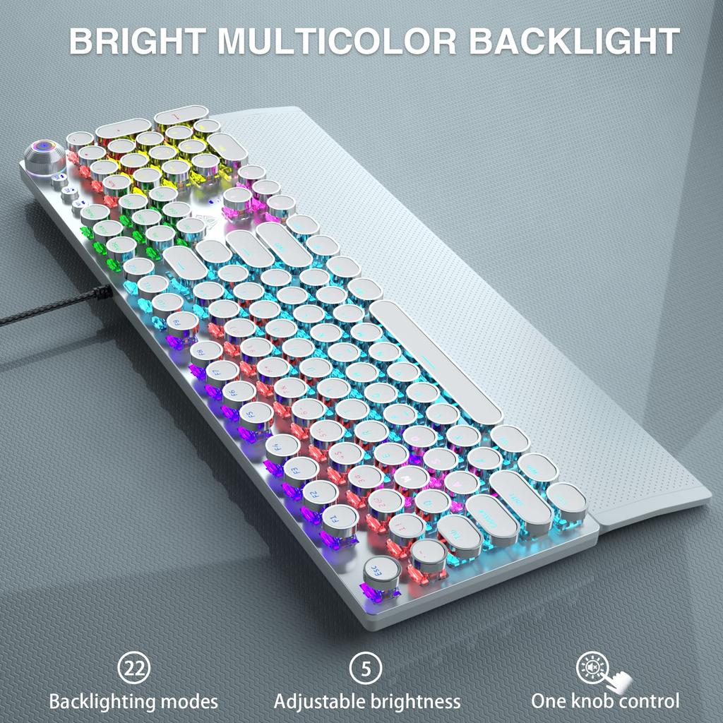 AULA F2088 Schreibmaschinenstil Mechanische Gaming-Tastatur Regenbogen-LED-Hintergrundbeleuchtung Abnehmbare Handgelenkauflage Mediensteuerknöpfe Retro Punk Runde Tastenkappen USB