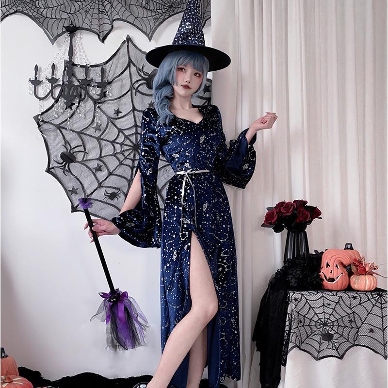 Halloween Adult Costume Wizard Witch Slits Starry Sky Vampire Witch Costume Cosplay Dress