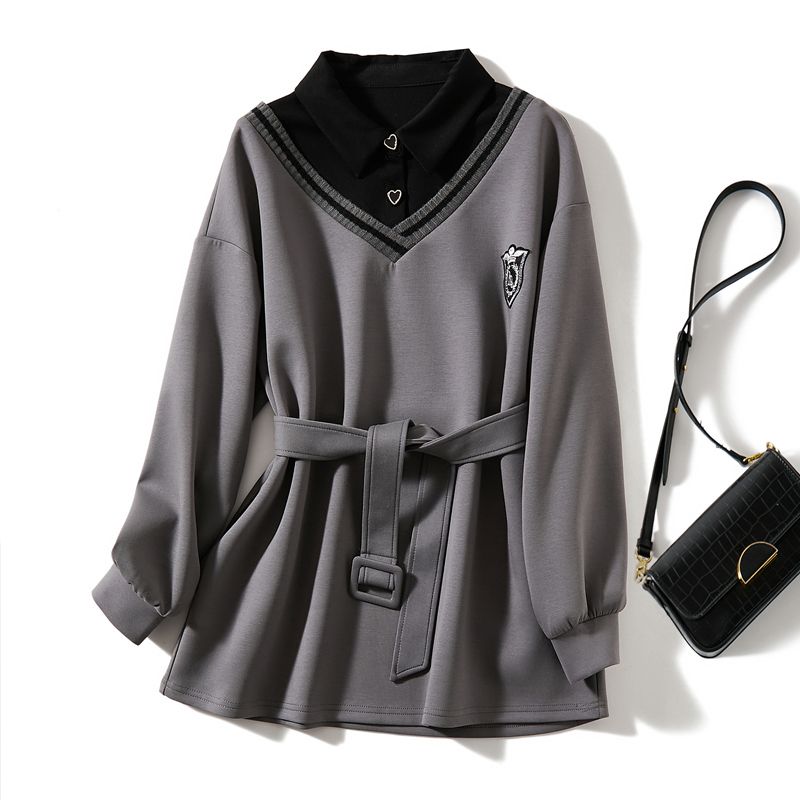

Purpose! Buckle Legal Order ~ Soft Glutinous Air Cotton Sweater Small Lapel Fake Two Pieces Cocoon Shaped Medium Length Outerwear Women Slimming Grey 3XL