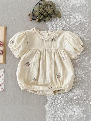 Korean Baby Girl Embroidered Lace Romper - Summer Short Sleeve Bodysuit