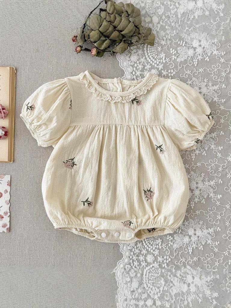 Korean Baby Girl Embroidered Lace Romper - Summer Short Sleeve Bodysuit