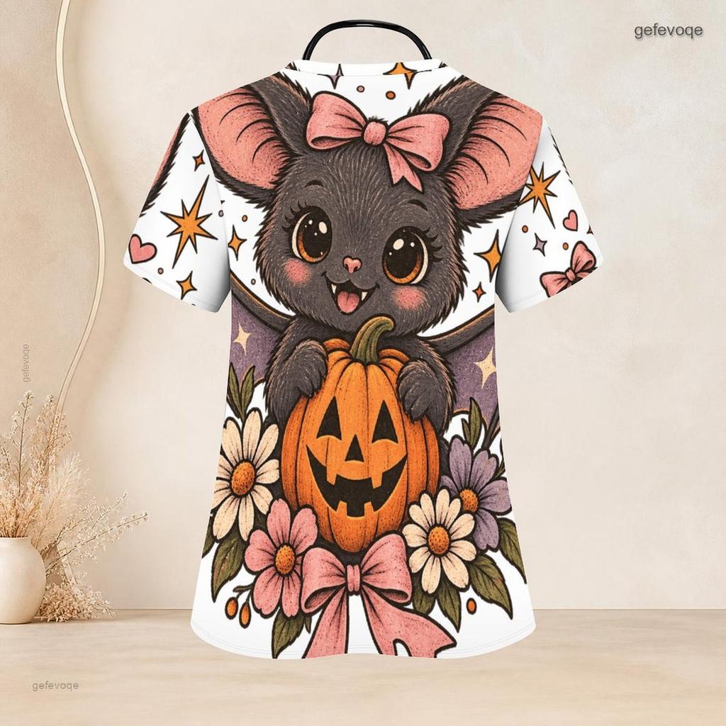 Women Plus Size V Neck Short Sleeve Scrub Top Halloween Camper Van Campfire Bat Pumpkin Print Nurse Uniform Top