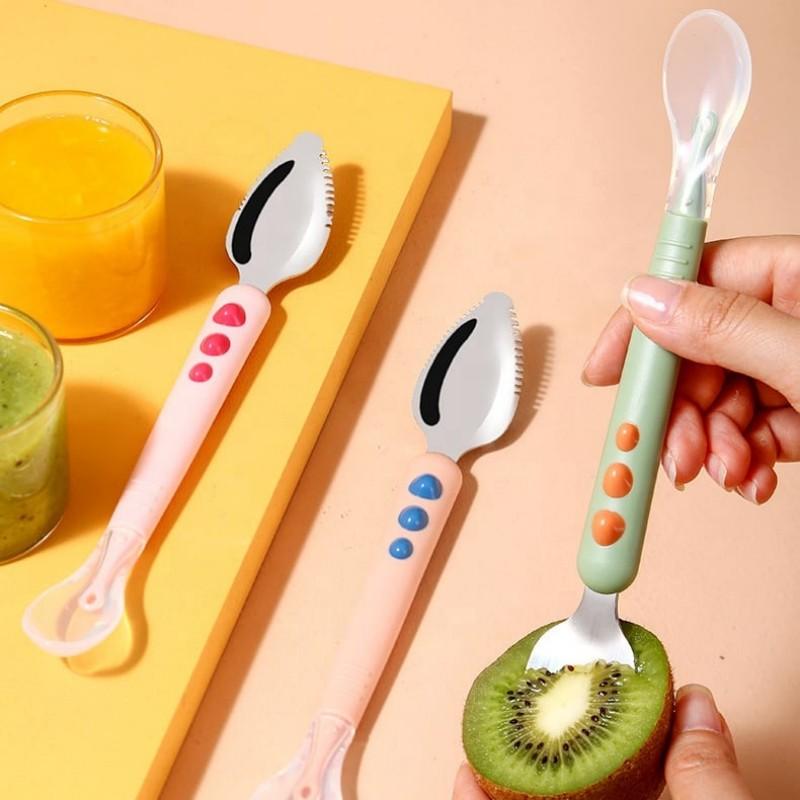 Baby Double Head Scraping Fruit Spoon Double-ended Silicone Stainless Steel Children's Tableware Toddler Complementary Tableware