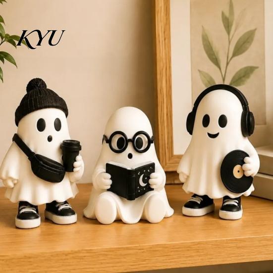 Soft Matte Finish Resin Craft Ornaments Halloween Ghost Figurine, Cartoon Desktop Ornaments, Cute Statue Trendy for Home with Book/Coffee/Vinyl