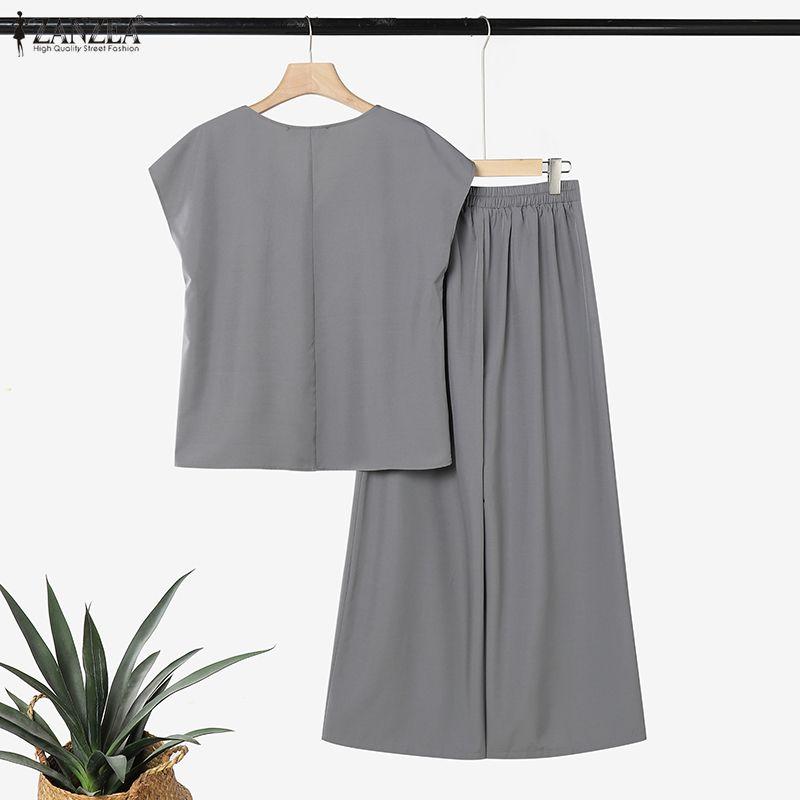 ZANZEA Women Short Sleeve Blouse and Long Pants Summer Two Piece Suit Sets
