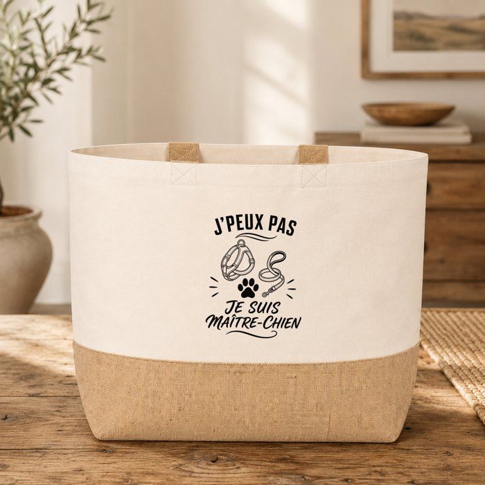 Sac J’peux pas je suis Maître-chien J'peux pas minimaliste | Cabas en Coton avec Fond Jute 18 L 48 × 37 × 13 cm | Marché Shopping
