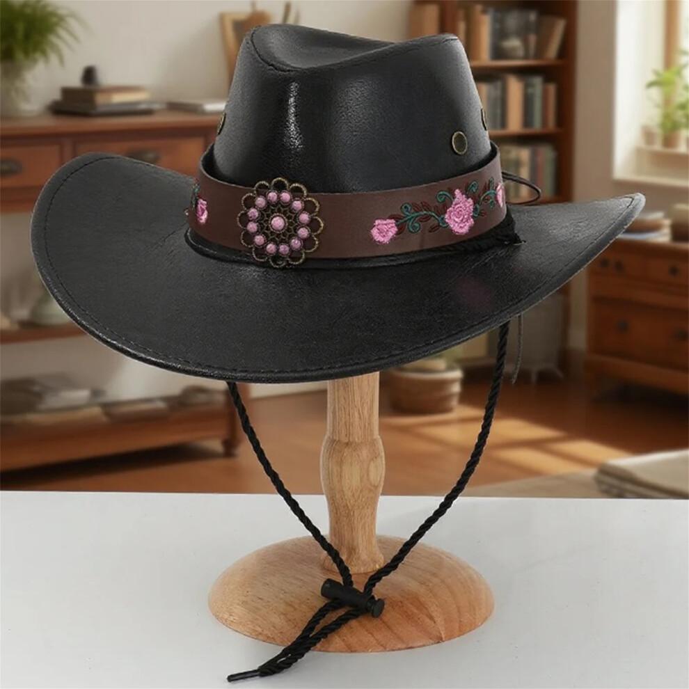 (One Size, Brown) PU Cowgirl Hat Western Style Sun Hat Stylish Retro Decorative Belt Wide Brim Jazz Cap