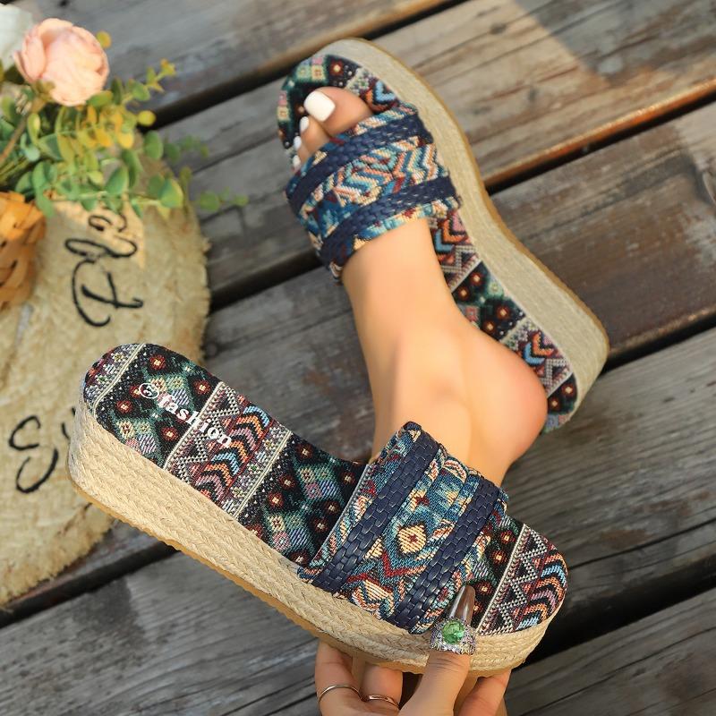 New large size thick-soled slippers women's summer new hemp rope bottom slope heel color matching font