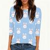T-shirt Casual Alla Moda da Donna con Stampa di Coniglietti Pasquali e Uova, Scollo, Manica a Tre Quarti