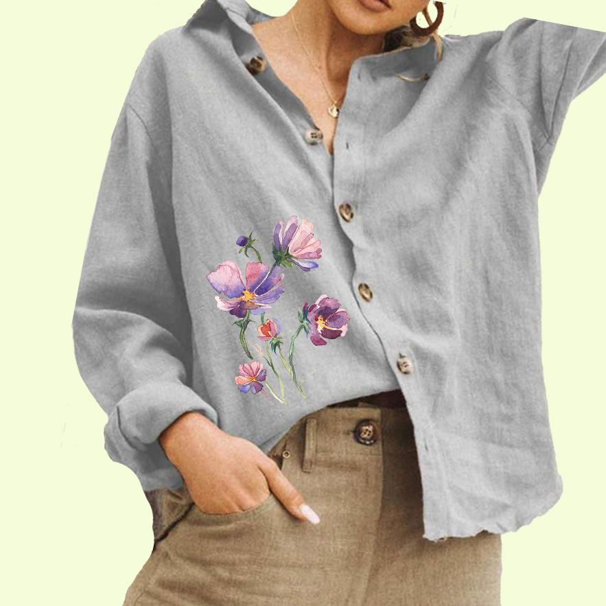 Women Fashion Flower Print Blouse Ladies Casual Cotton Linen Button Down Long Sleeve Shirt