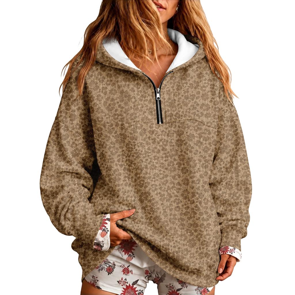 Women's Lightweight Quarter-Zip Hoodie Leopard Print Pullover Sweatshirt Without Pockets for Casual Wear