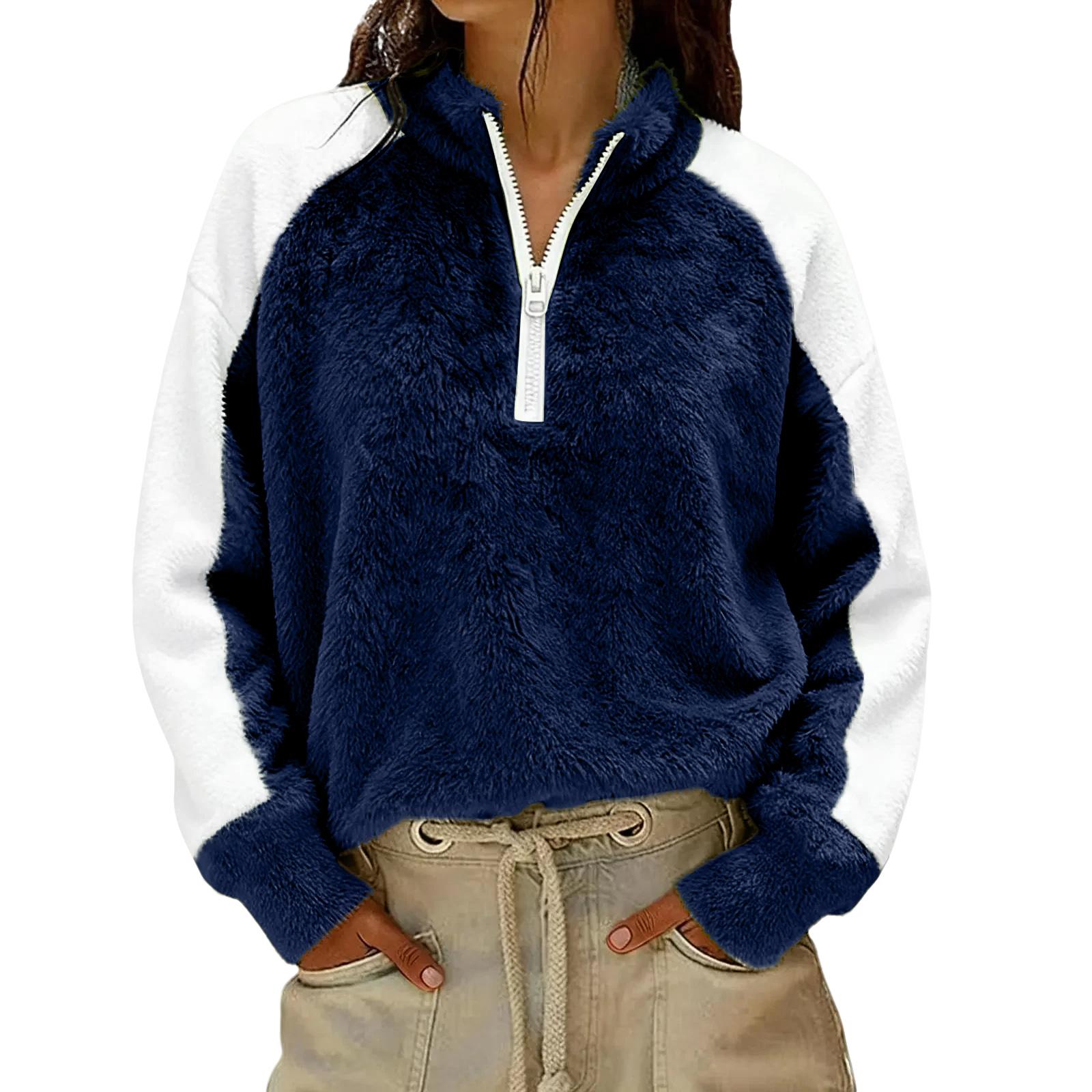 

Women s Fashionable Casual Color Blocked Pullover Loose Sports Long Sleeved Zipper Sweatshirt L