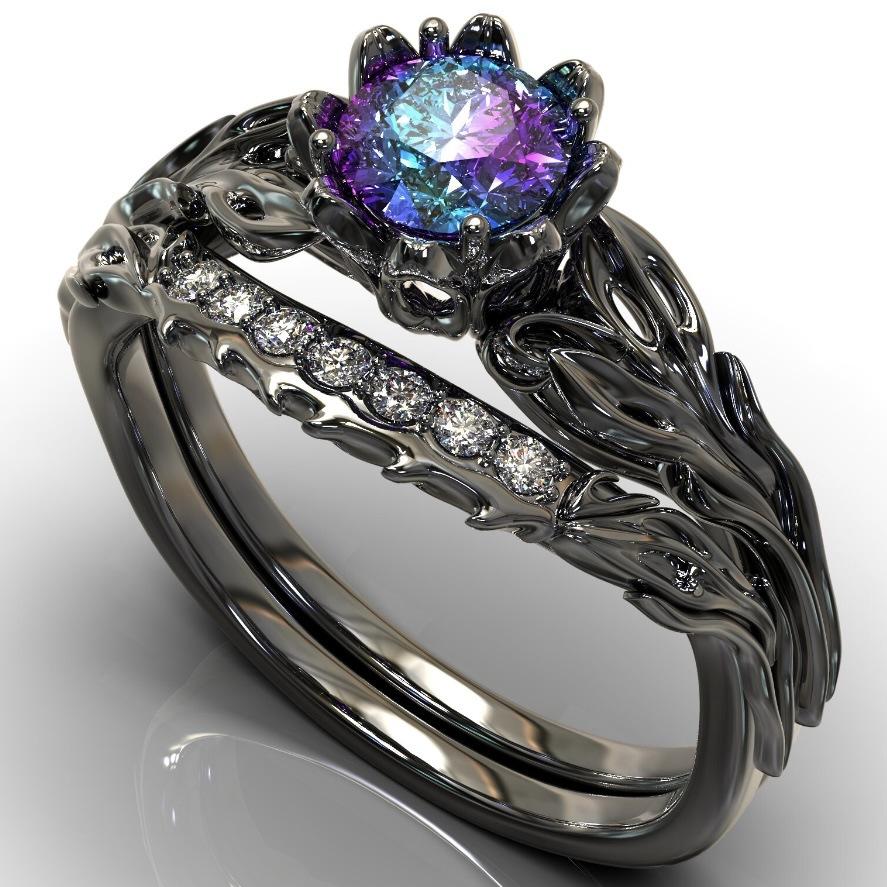 

Delicate Women Rings Black Color Round Flower Blue Pink Stone Rings Set Party Accessories Gift 10