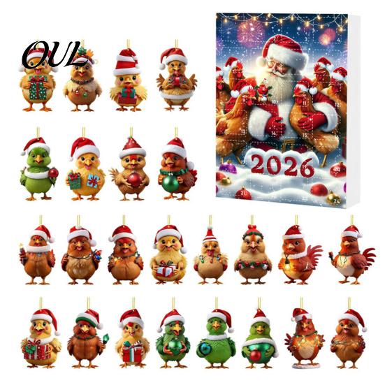 Christmas Tree Decor Chicken Advent Calendar 2026, 24 Days Countdown with 2D Flat Surprise Acrylic Ornament, Cartoon Hanging Pendant for Tree, Holiday