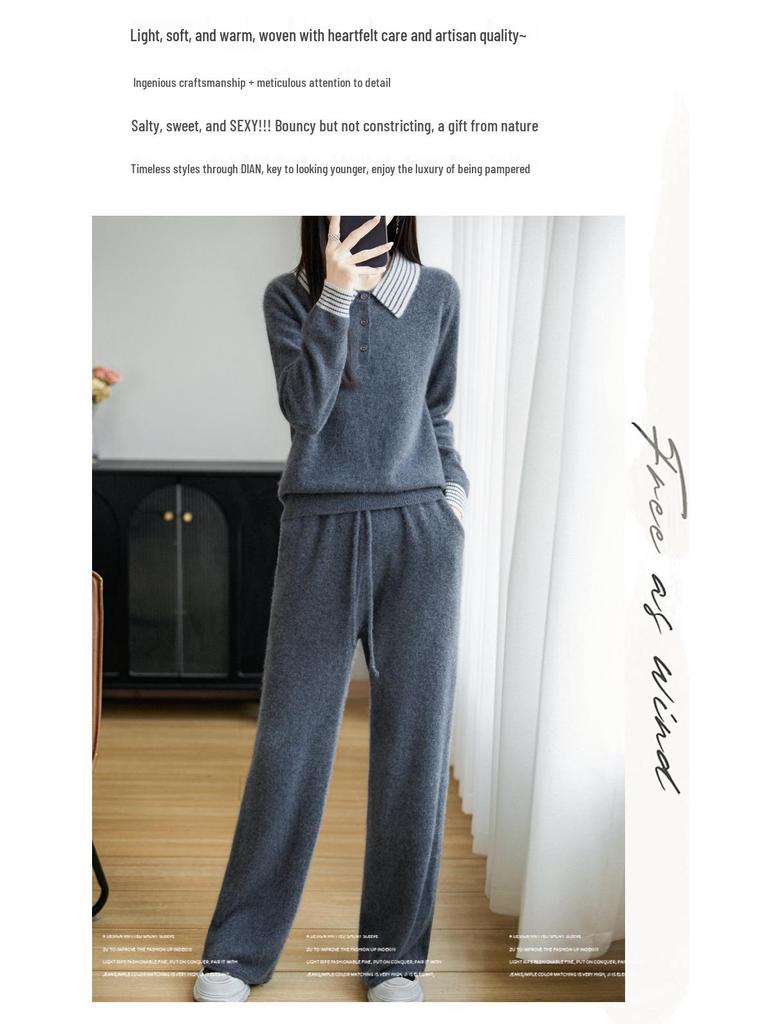 Women's 100% Wool Colorblock Polo Collar Sweater - Long Sleeve Knitted Pullover for Autumn/Winter