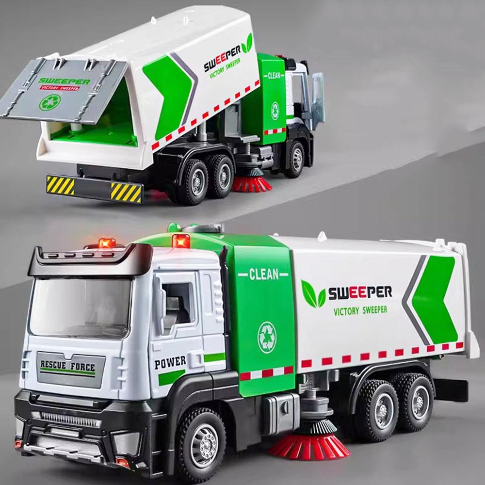 1/32 City Sweeper Model Toy Car Metal Diecast Sanitation Garbage Trucks Sound Light Pull Back Engineering for Kids Edutainment