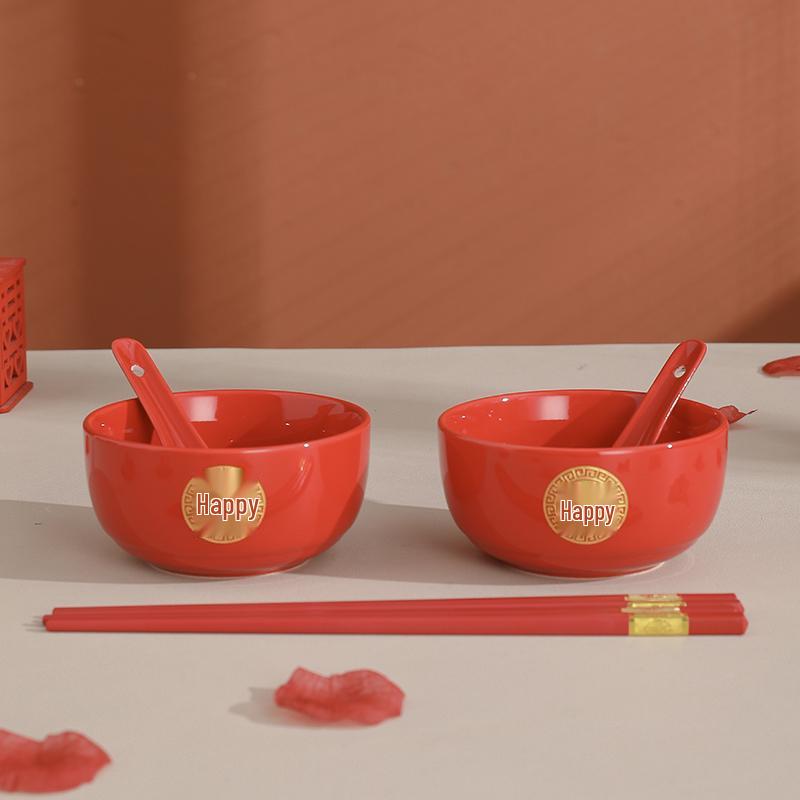 Chinese Wedding Red Bowls & Chopsticks Set: Bride Dowry Gift Pair