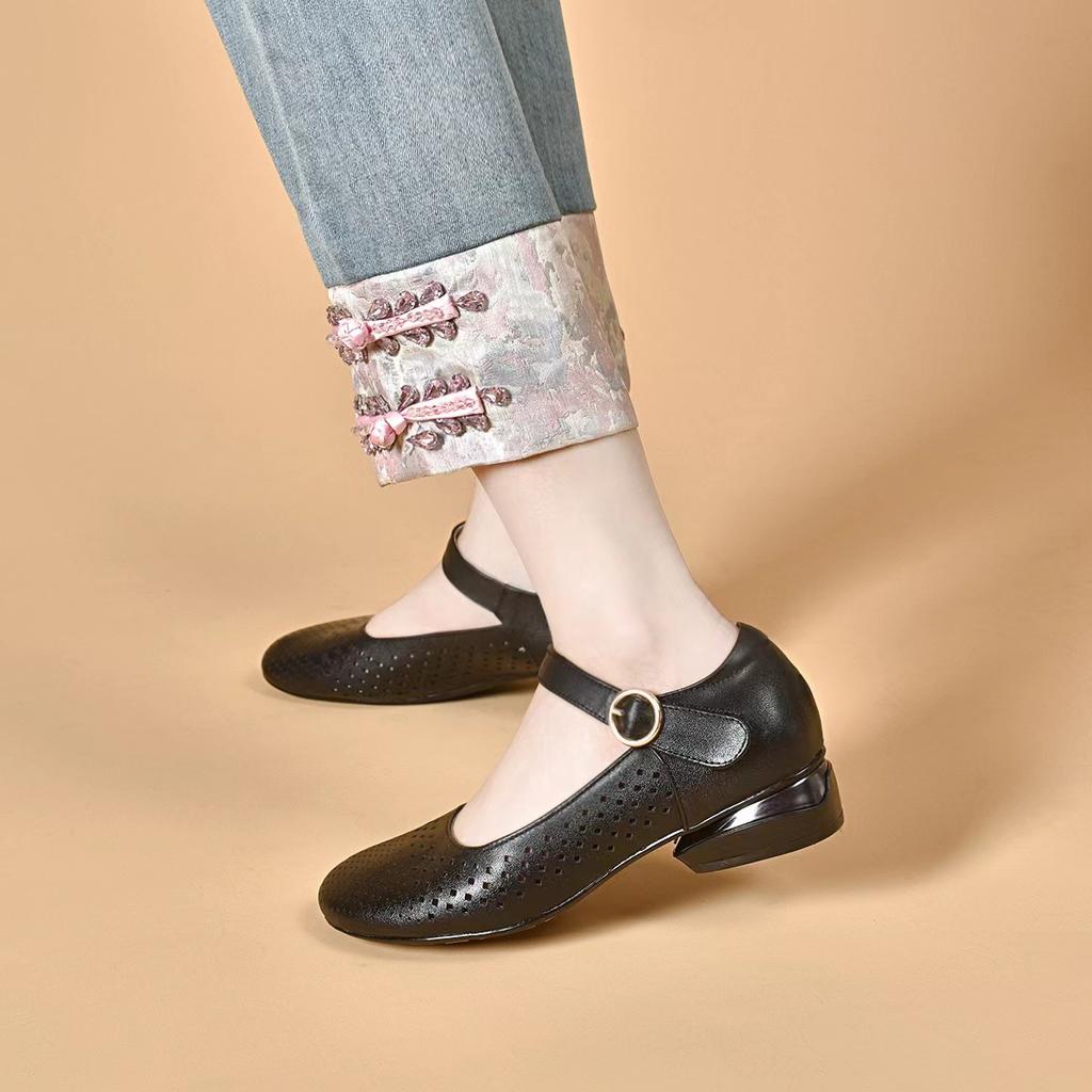 Round Head Women's Spring and Summer New Shallow Mouth Word with Low Heel Mary Jane Shoes Flat Bottom Hollow Women's Single Shoes