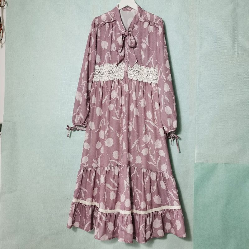 Export Original Order Leftover Stock Stand Collar Ribbon Lace Waist-Controlled Long Sleeves Bag Buckle Half Open Dress Print Long Dress Autumn