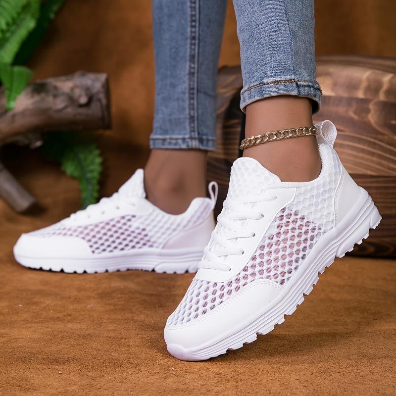 [Breathable Sneakers] Breathable Mesh Women's White Casual Sneakers | Summer Low-Top Lace-Up Shoes with EVA Cushioned Sole
