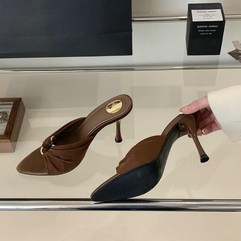 Fashion Stiletto Heels 2025 Summer New Pleated Metal Buckle Pointed Open Toe Sandals Sexy Stiletto Women'S Shoes