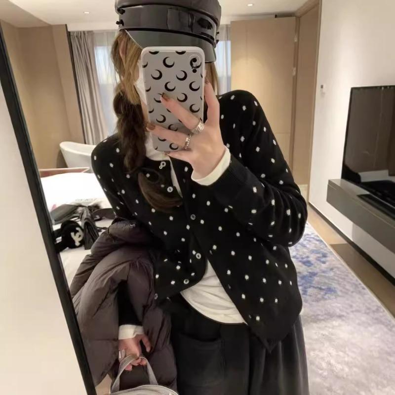 New Polka Dot Jacquard Crew Neck Single-breasted Loose Retro Small Cardigan Women's Long-sleeved Simple Casual Coat