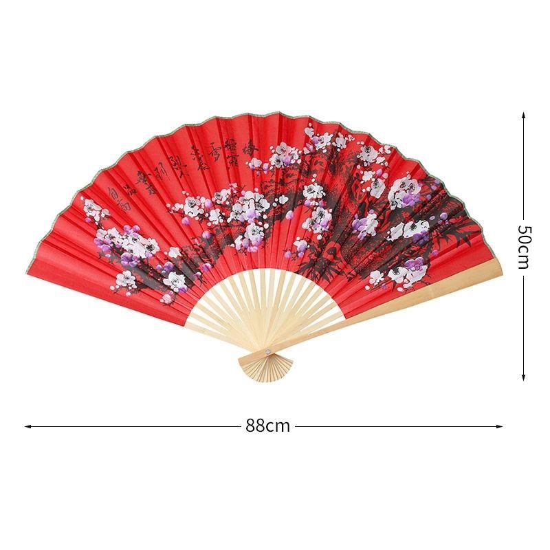 

Большой тканевый веер китайский праздничный красный сливовый декоративный веер классический настенный складной декоративный реквизит для фото/выступлений 50x88cm