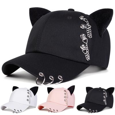 Men Gothic Cat Ear Baseball Cap Chain Iron Ring Outdoor Adjustable Sunscreen Leisure Hat Spring Autumn Travel Tourism Beach Vacation