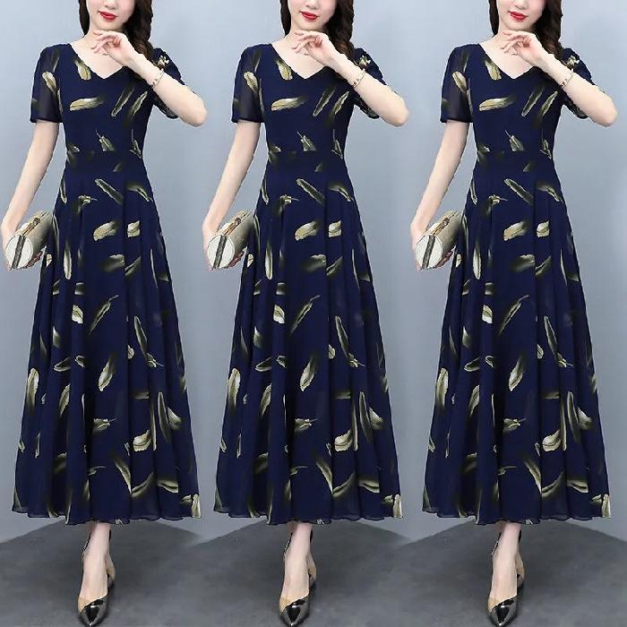 

Mom s printed short-sleeved dress, women s belt, waist and thin, foreign style pendulum medium and long dress M