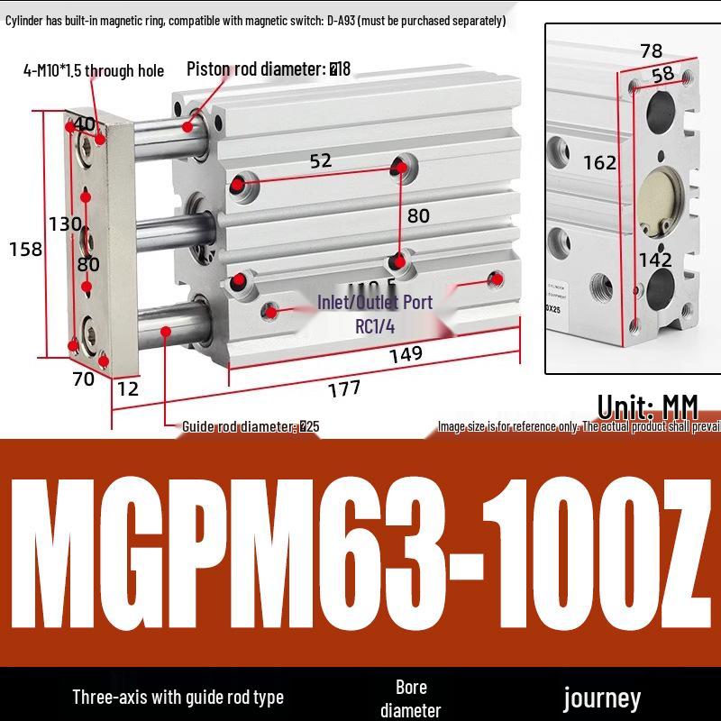 Compact Three-Axis Pneumatic Guided Rod Cylinder 12/16/20/25/32-10/20/40/50/75z
