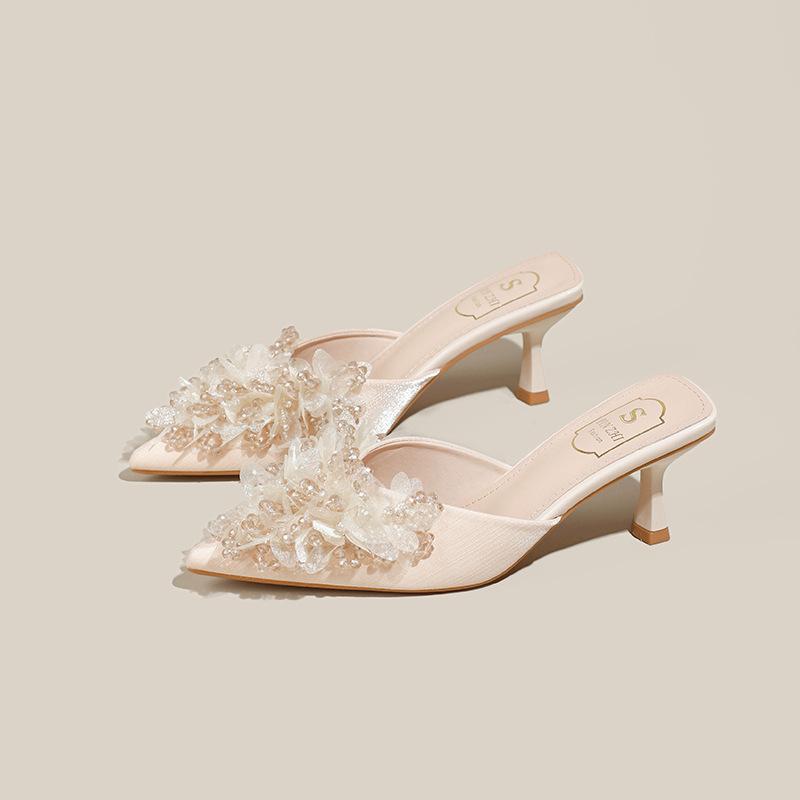 

Летняя новая мода атласные стразы не устают, пустые сандалии после ног, остроносые шпильки 43 абрикосовый