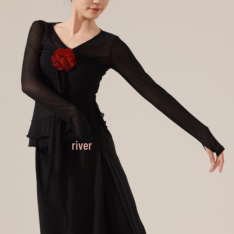 Women's Elastic Floral Long Sleeve Dance Costume - Slim Fit Modern Performance Top