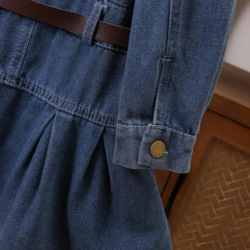 Nouvelle Robe en Denim Tendance pour Petites Filles, Manches Longues Style Coréen, Printemps et Automne, Col Rabattu, Robe en Denim Cintrant la Taille