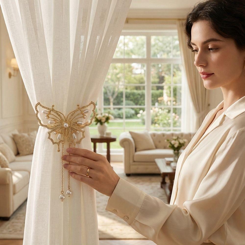 Metal Butterfly Curtain Buckle Gold Pearl Curtain Straps Curtains Tie Rope  Bedroom