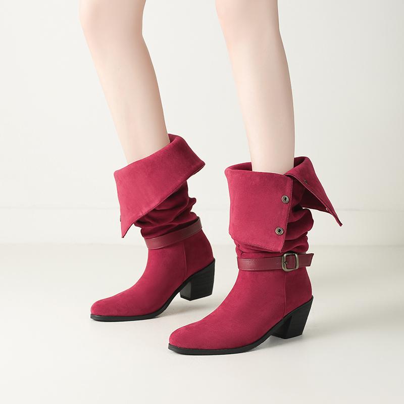 Women's high-heeled boots autumn and winter new thick-heeled suede mid-boots in size