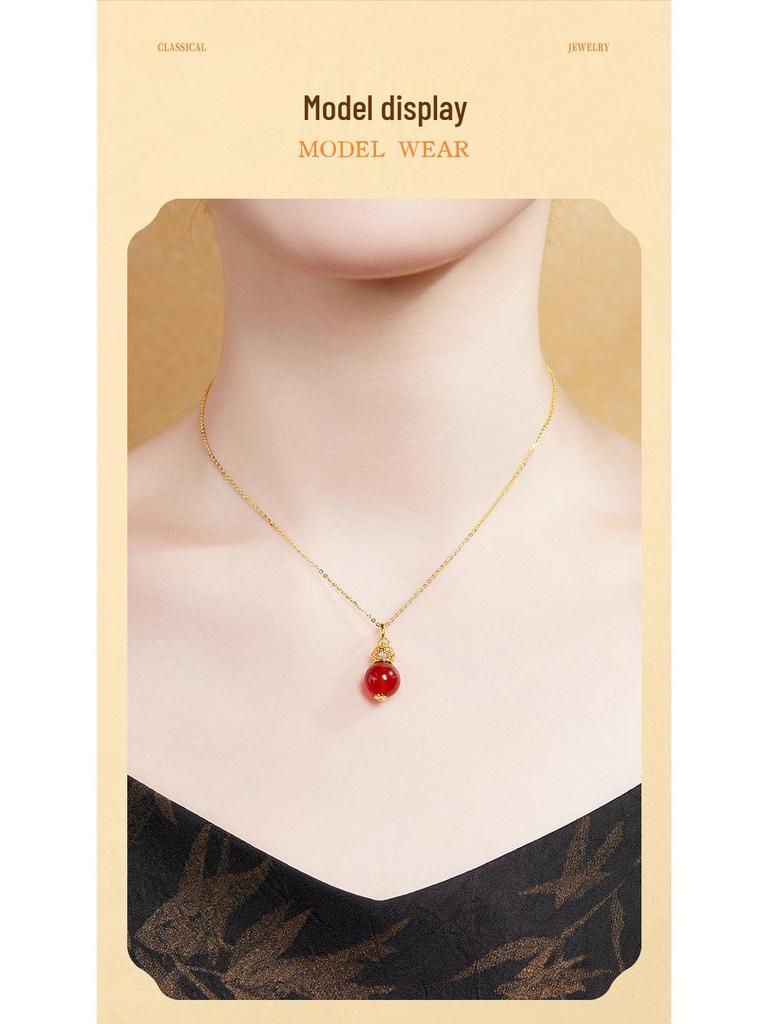 S925 Sterling Silver Fu Gourd Carnelian Pendant Necklace - Women's Chinese Style, Elegant Fresh Fashion Clavicle Chain