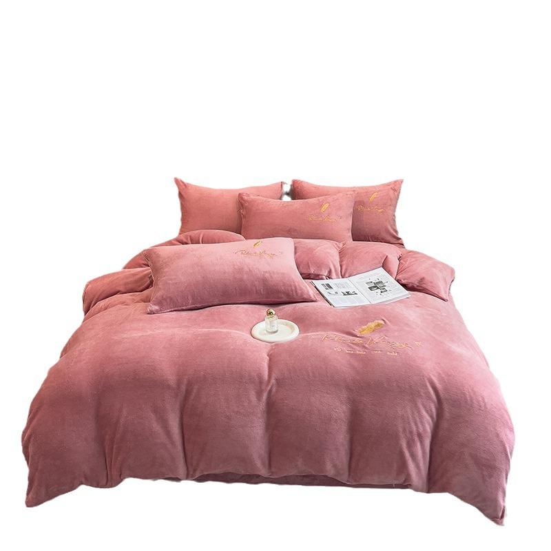 Coral Fleece Milk Velvet Winter Bedding Set: Thickened Embroidered Duvet Cover and Bed Sheet for Dorms.
